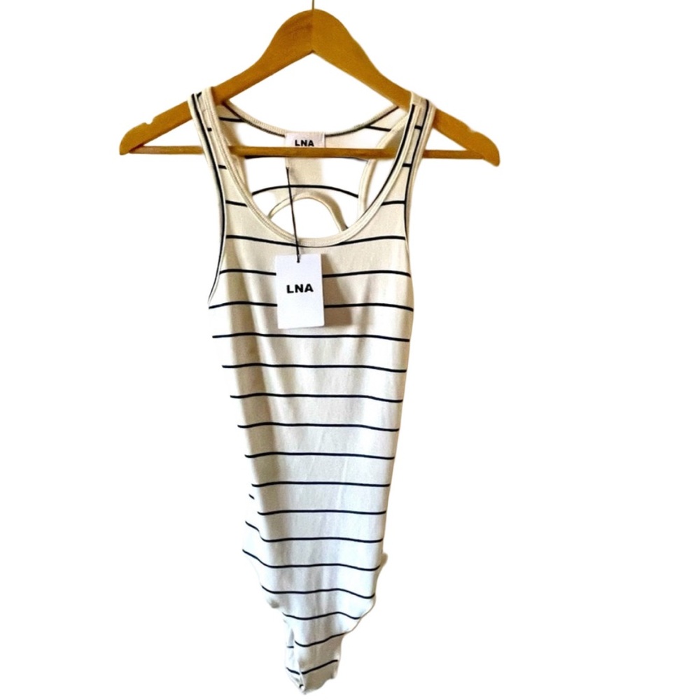 LNA Backless Striped Bodysuit Medium Cream Navy Ribbed Tank Sexy Open Back Top - Picture 3 of 9